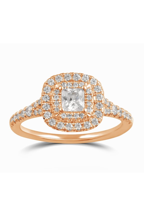 1.38 ct Square Swarovski Diamonds Double Halo Engagement Ring in Pink Plated Sterling Silver