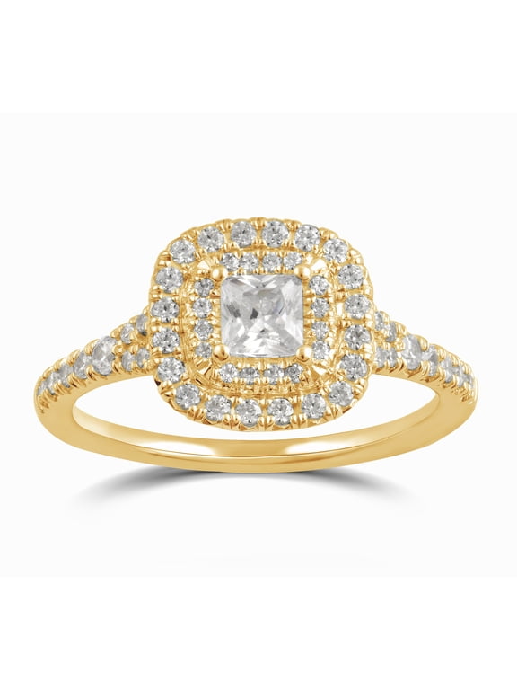1.38 ct Square Swarovski Diamonds Double Halo Engagement Ring in Yellow Plated Sterling Silver