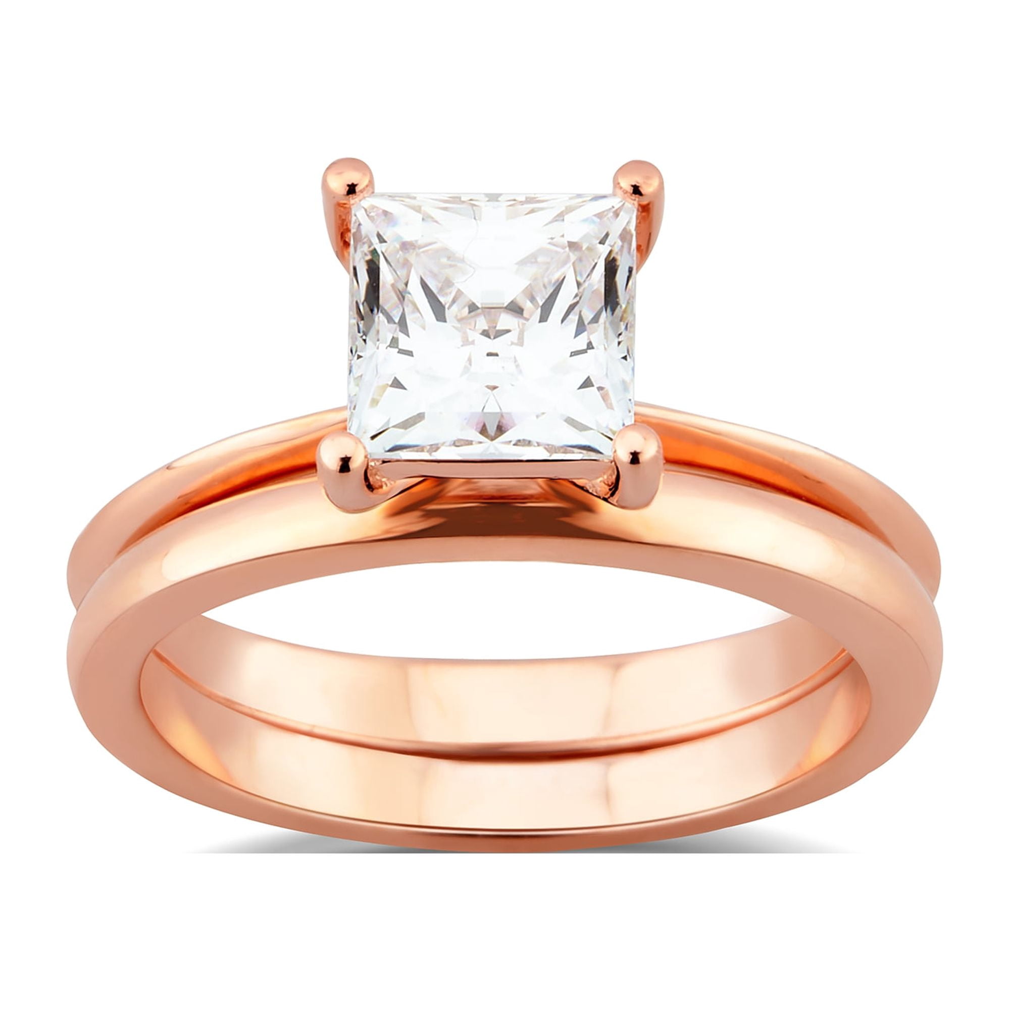 Arista 1.50 ct Square Swarovski Diamond Solitaire Women's Bridal Set in Pink plated Sterling Silver