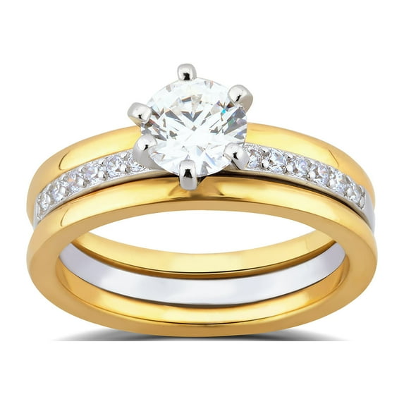 Arista 1.75 ct Round Swarovski Diamond Solitaire Trio Bridal Set in Yellow Plated Sterling Silver