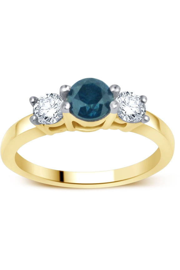 1 Carat 3-Stone Blue and White Diamond Ring in 14K Yellow Gold (I-J, I2-I3)