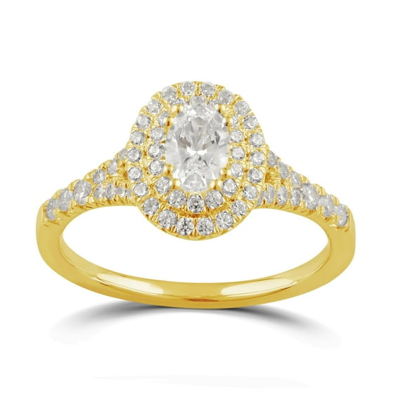 Arista 1 ct Oval Swarovski Diamonds Double Halo Engagement Ring in Yellow Plated Sterling Silver