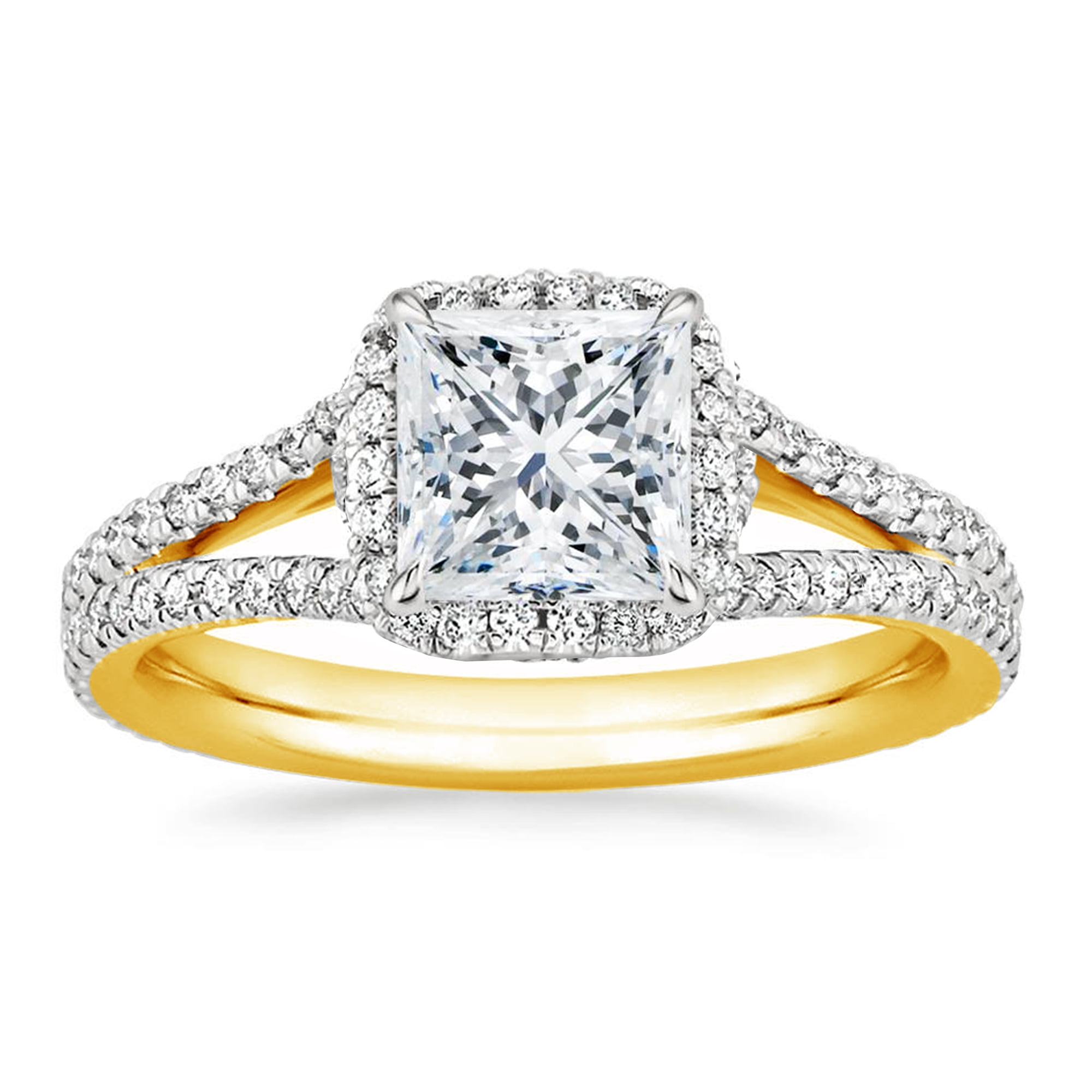 Arista 2-5/8 Carat T.W. Square Swarovski Diamond Split Shank Engagement Ring in Yellow plated Sterling Silver