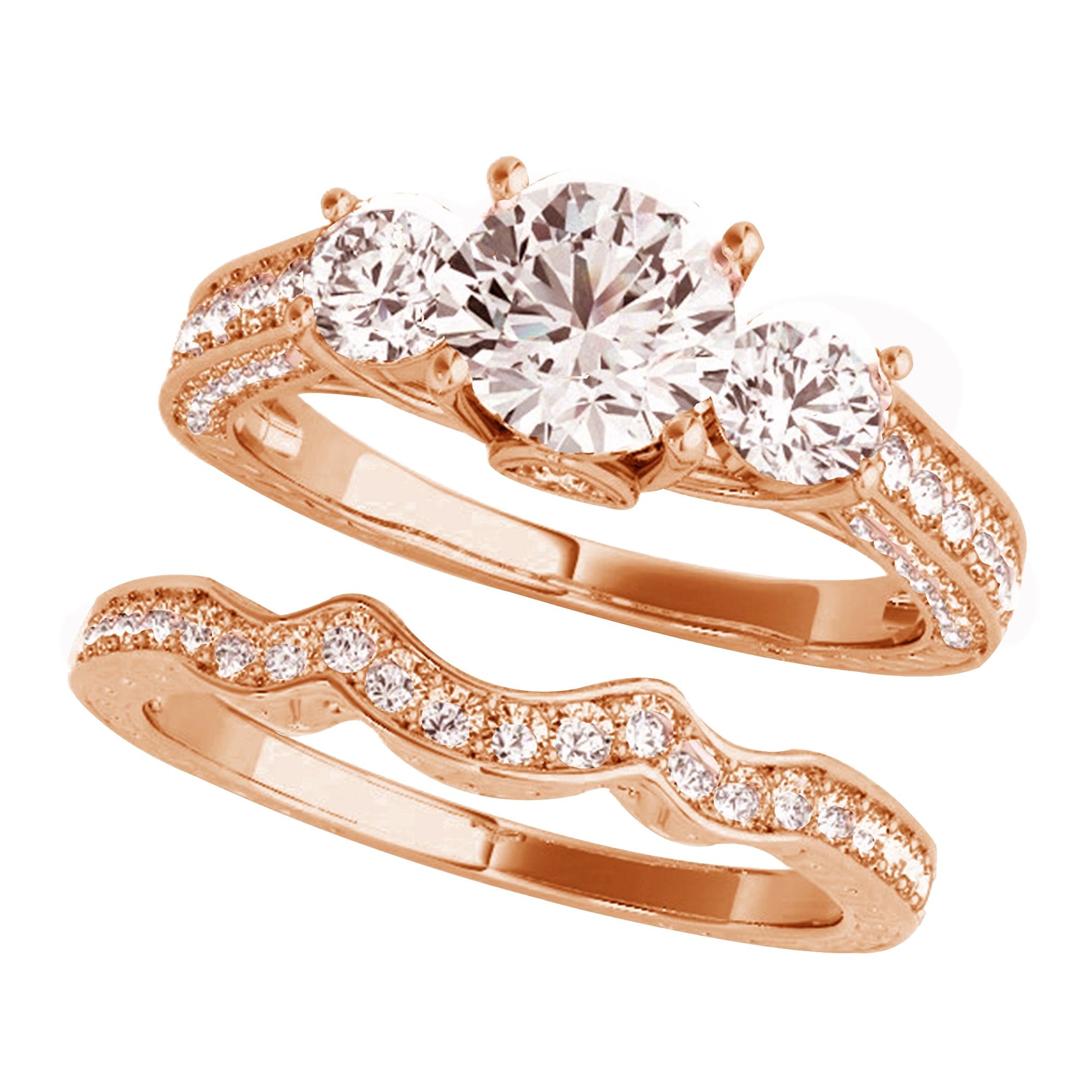 Arista 2.88 cts 3 Round Swarovski Diamond Solitaire & Contoure Bridal Set in Pink plated Sterling Silver