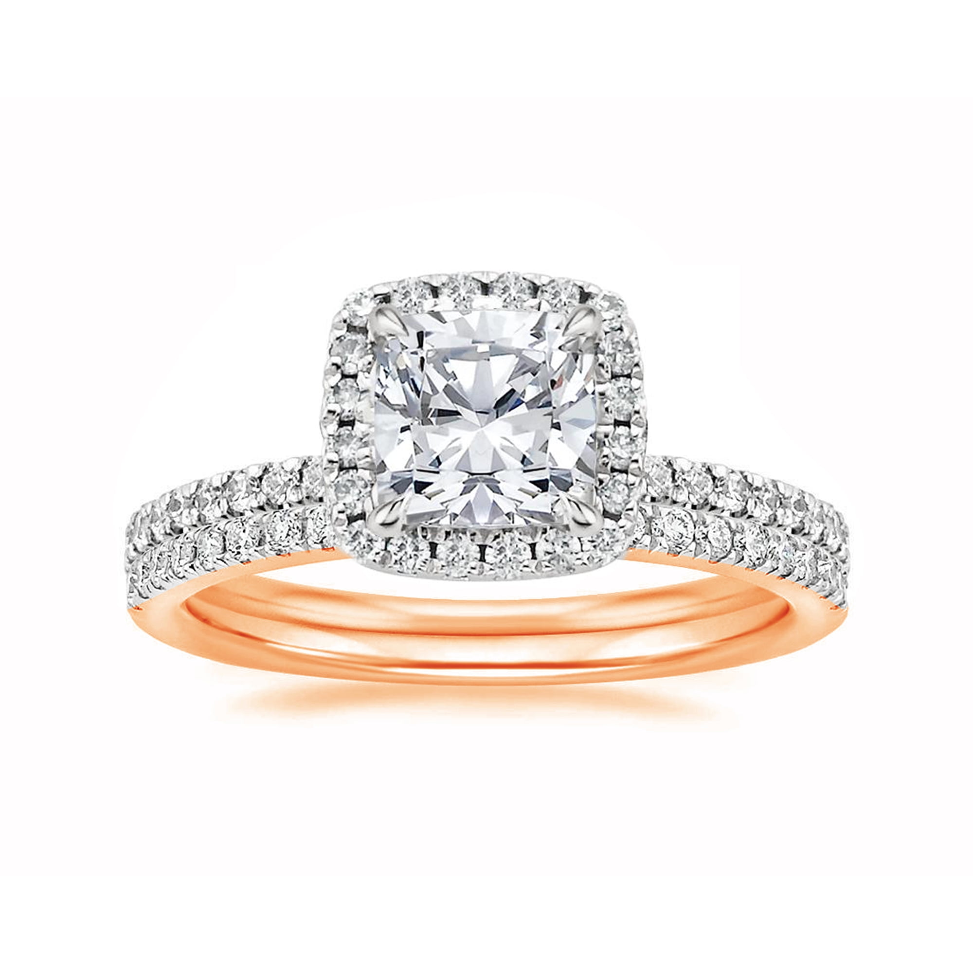 Arista 2 Carat T.W. Cushion Swarovski Diamond Halo Bridal Set in Pink Plated Sterling Silver