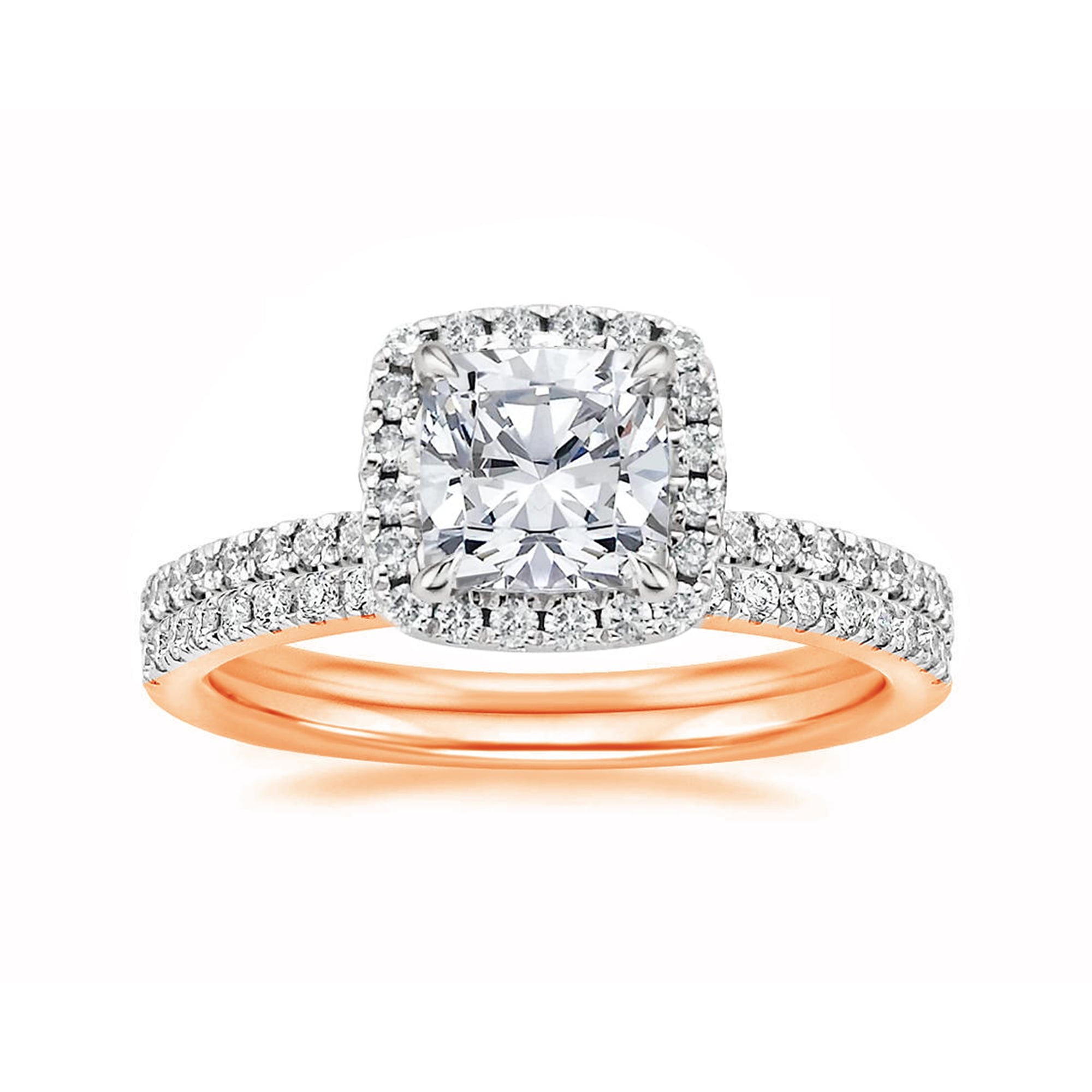 Arista 2 Carat T.W. Cushion Swarovski Diamond Halo Bridal Set in Pink Plated Sterling Silver