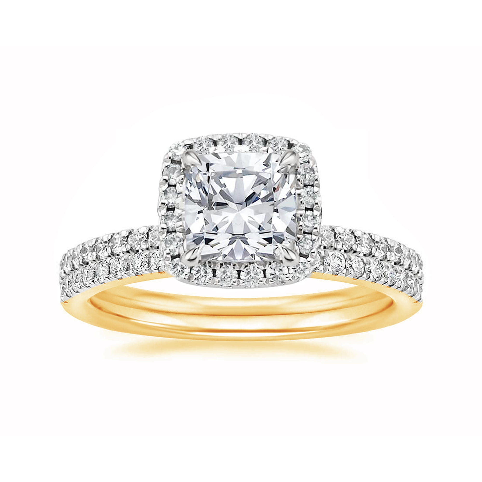 Arista 2 Carat T.W. Cushion Swarovski Diamond Halo Bridal Set in Yellow Plated Sterling Silver