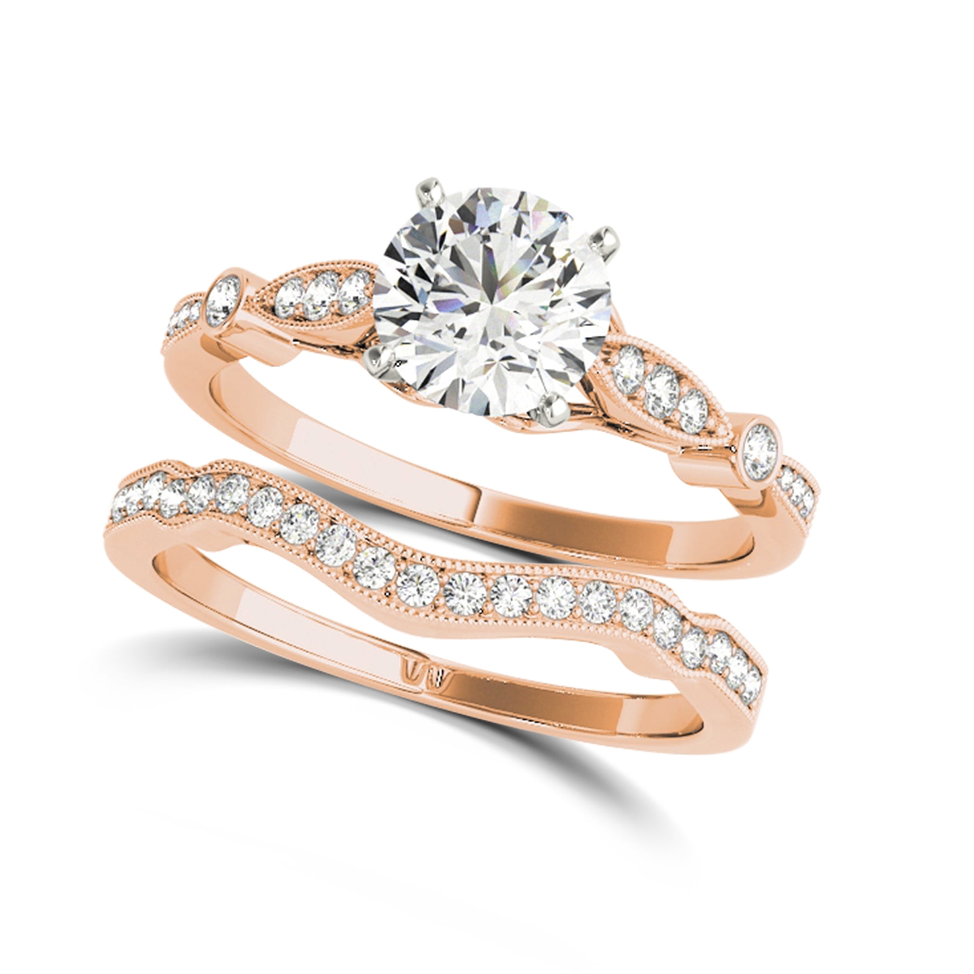 Arista 2 cts Round Swarovski Diamond Solitaire & Contoure Bridal Set in Pink Plated Sterling Silver