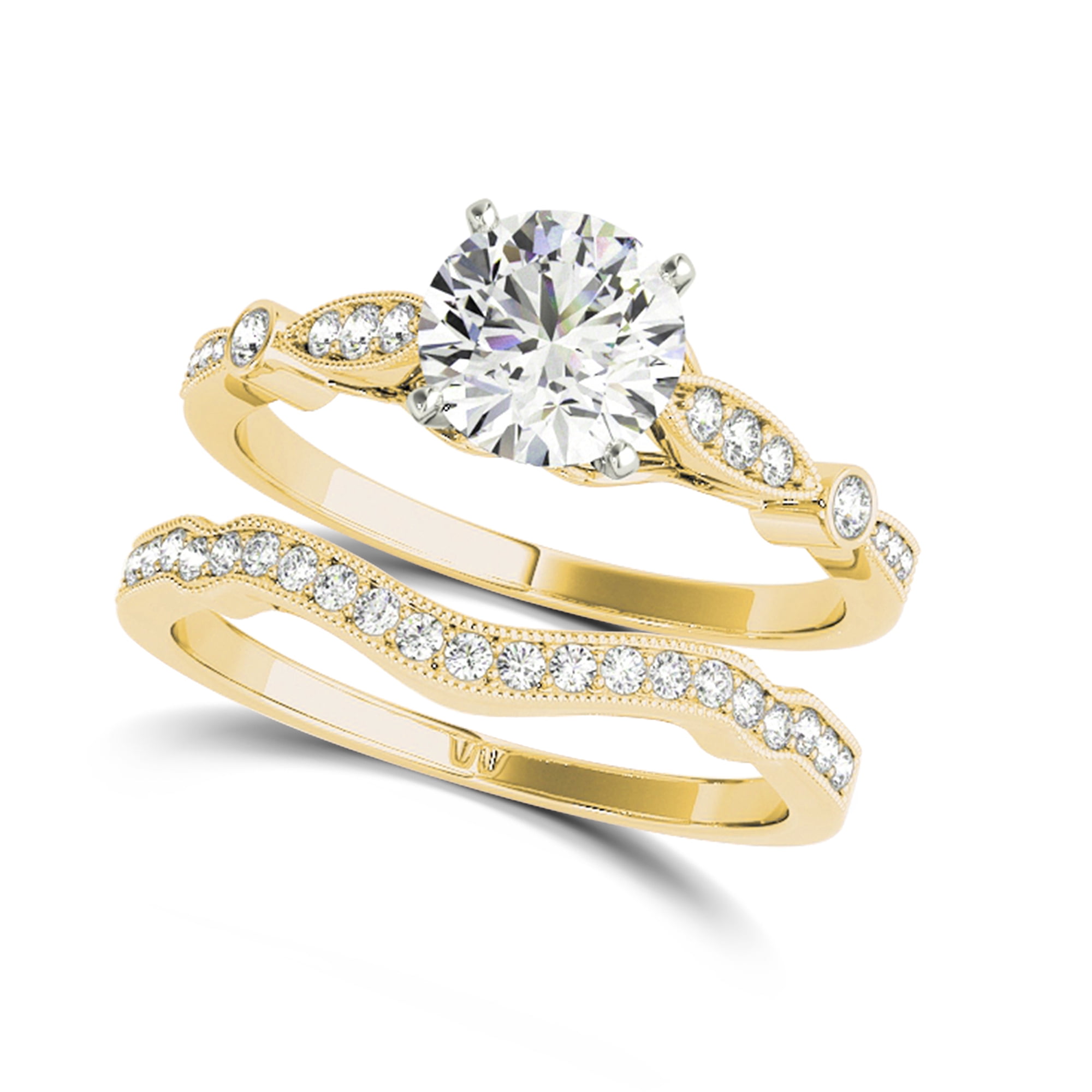 Arista 2 cts Round Swarovski Diamond Solitaire & Contoure Bridal Set in Yellow Plated Sterling Silver