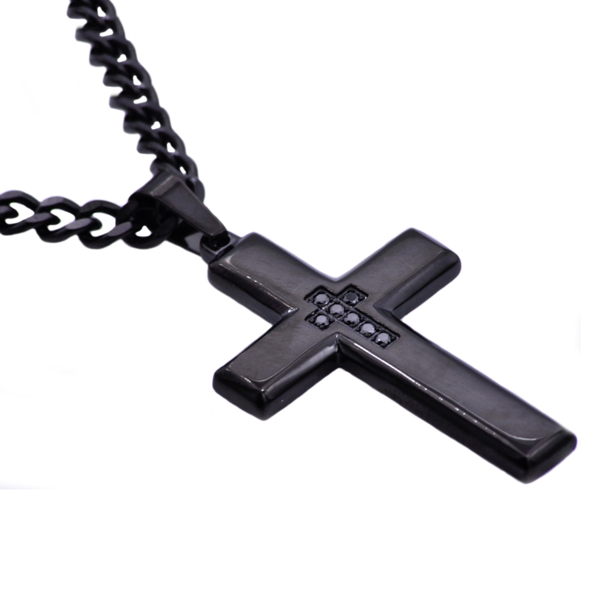 Arista Black Cubic Zirconia Diamonds Cross Men's Pendant in Black Plated Stainless Steel, 24"