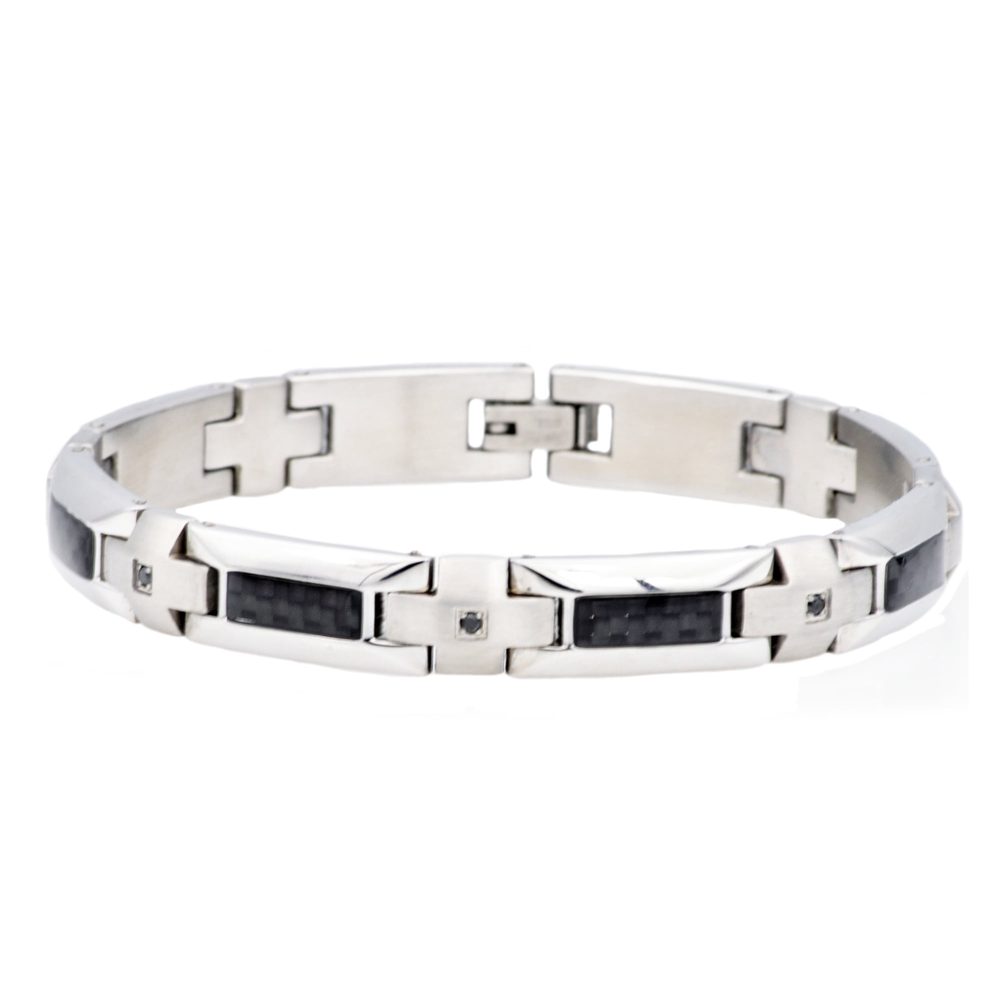 Arista Black Cubic Zirconia studded Men's Bracelet in Carbon Fiber Stainless Steel, 8.5"