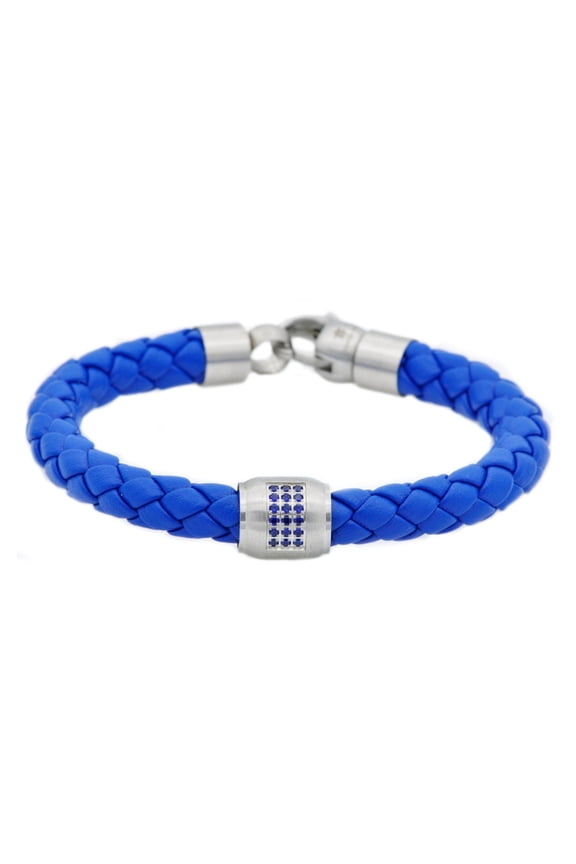 Blue Cubic Zirconia Diamonds Men's Bracelet in Blue Leather Stainless Steel, 8.5"