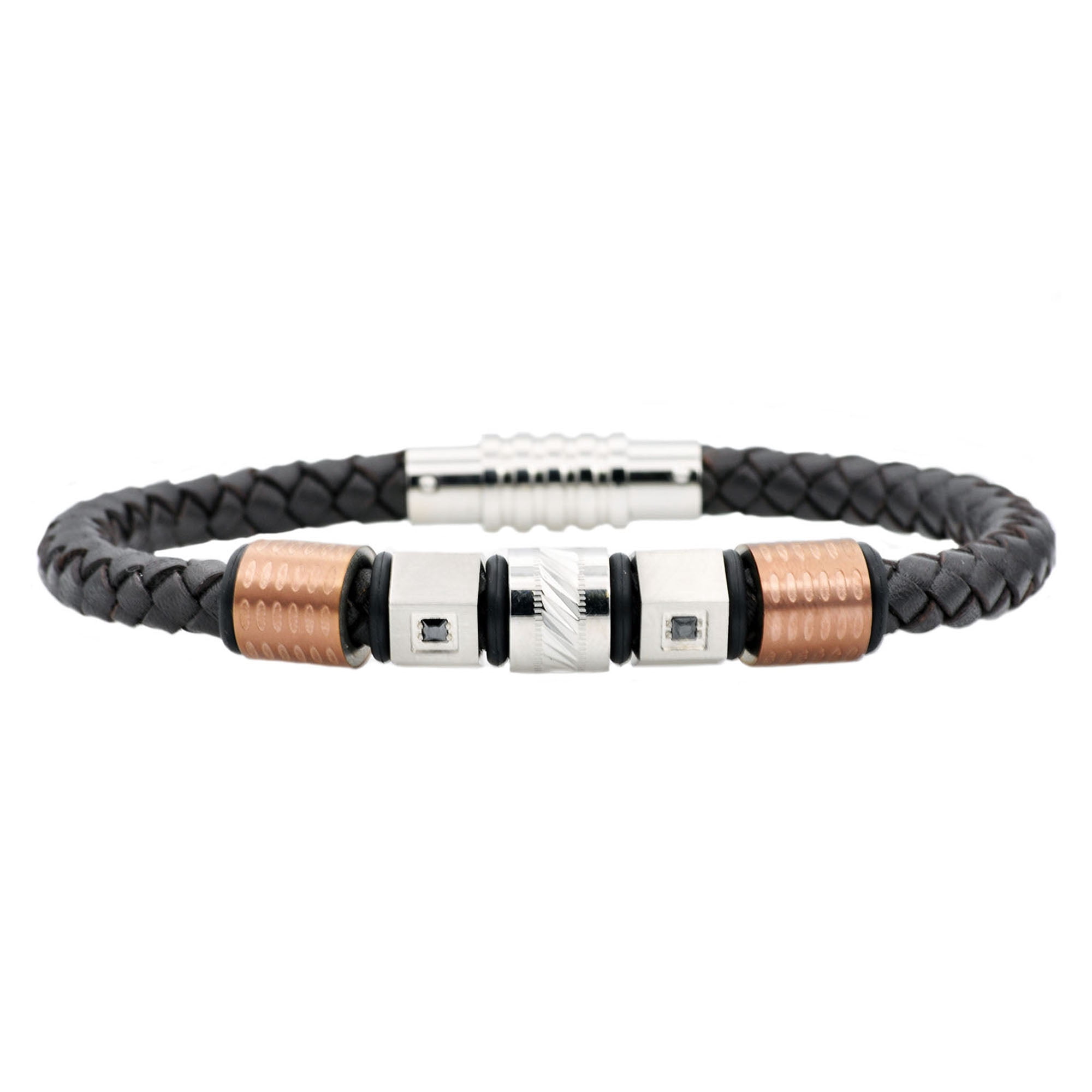 Arista Brown Cubic Zirconia Men's Bracelet in Brown Leather And Chocolate Stainless Steel, 8.5"