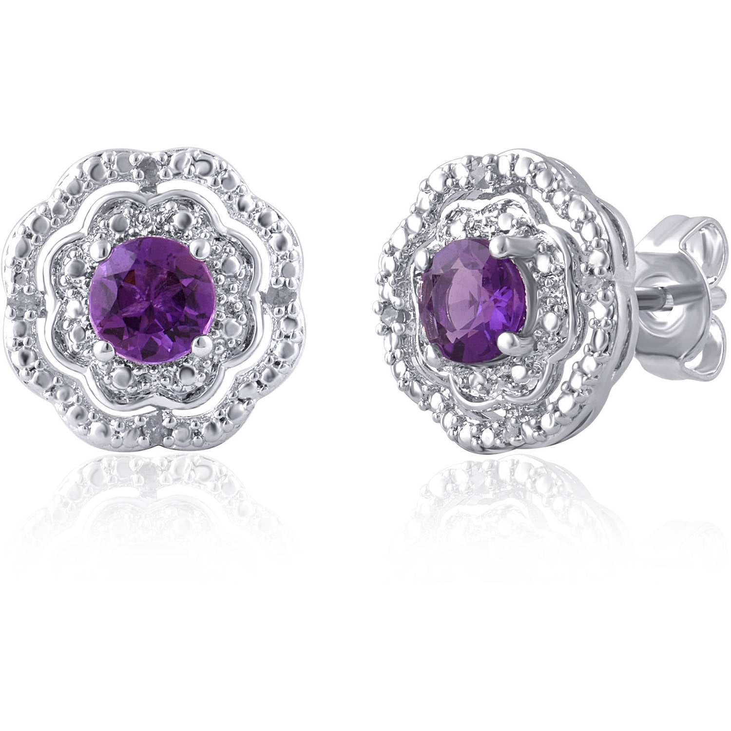 Arista Created Amethyst and Diamond Accent Flower Halo Frame Stud Earrings in Silver Tone Brass