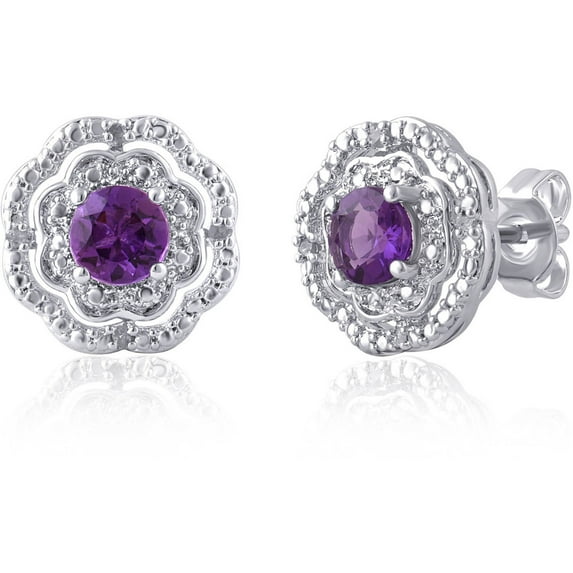 Arista Created Amethyst and Diamond Accent Flower Halo Frame Stud Earrings in Silver Tone Brass