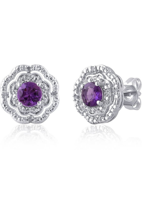 Created Amethyst and Diamond Accent Flower Halo Frame Stud Earrings in Silver Tone Brass