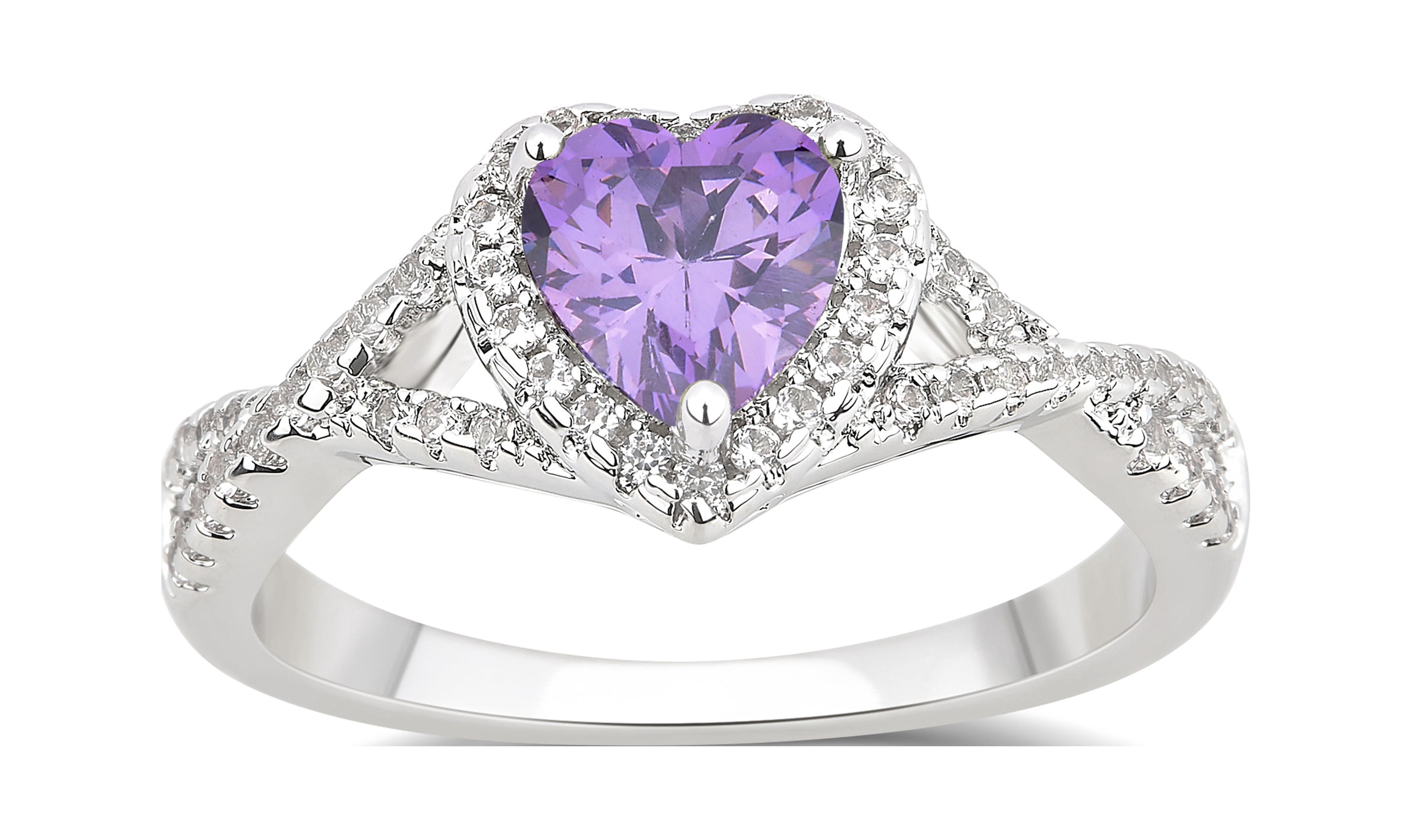Arista Created Amethyst and White Sapphire Fashion Heart Engagement Ring in Silver Overlay