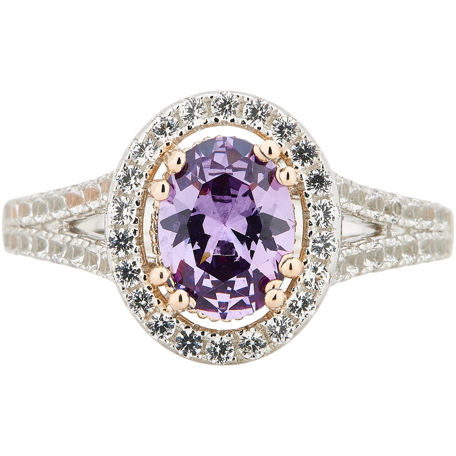 Arista Created Amethyst and White Sapphire Gemstone Split Shank Ring in Two-Tone Sterling Silver