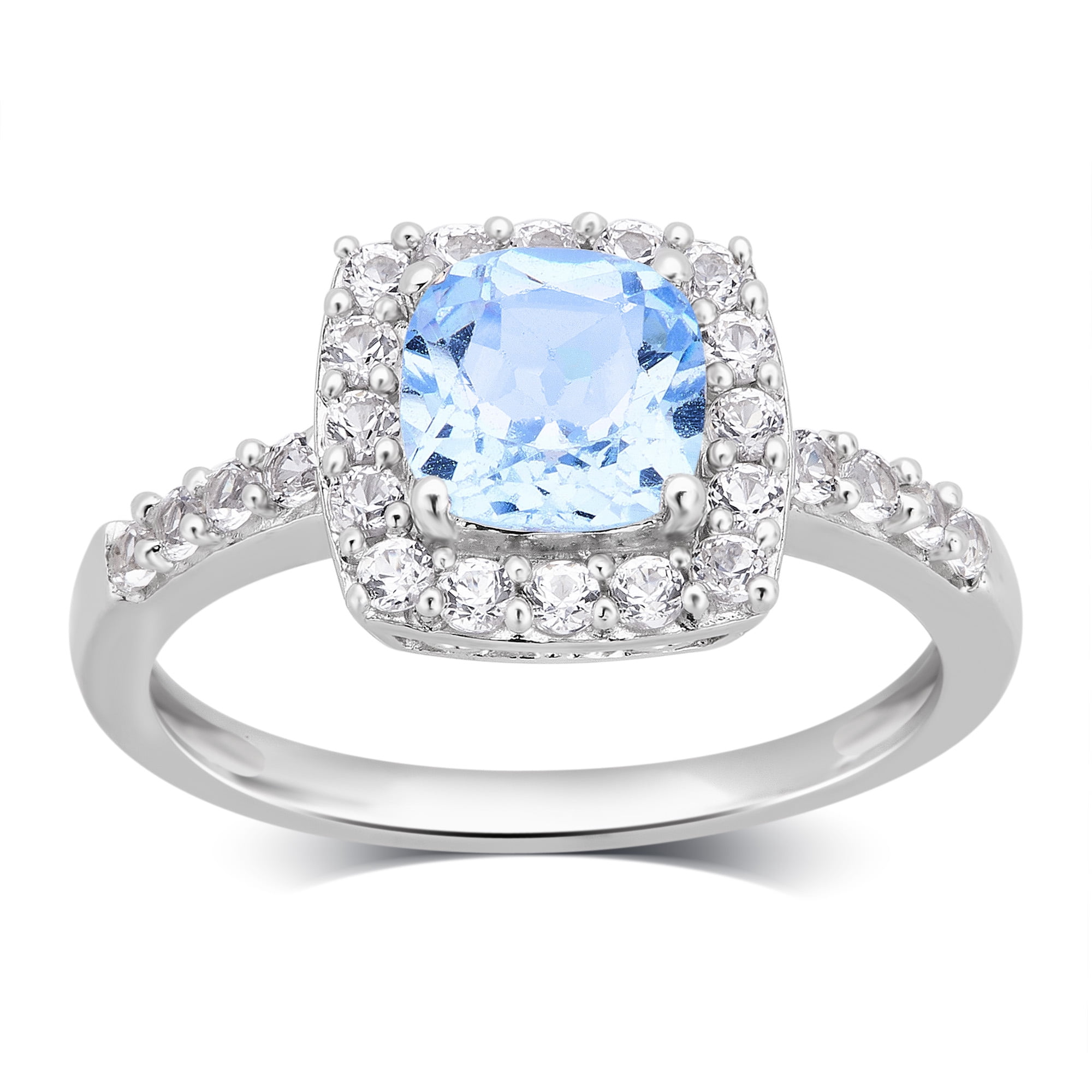 Arista Created Aquamarine and White Sapphire Halo Women's Engagement Ring in Sterling Silver