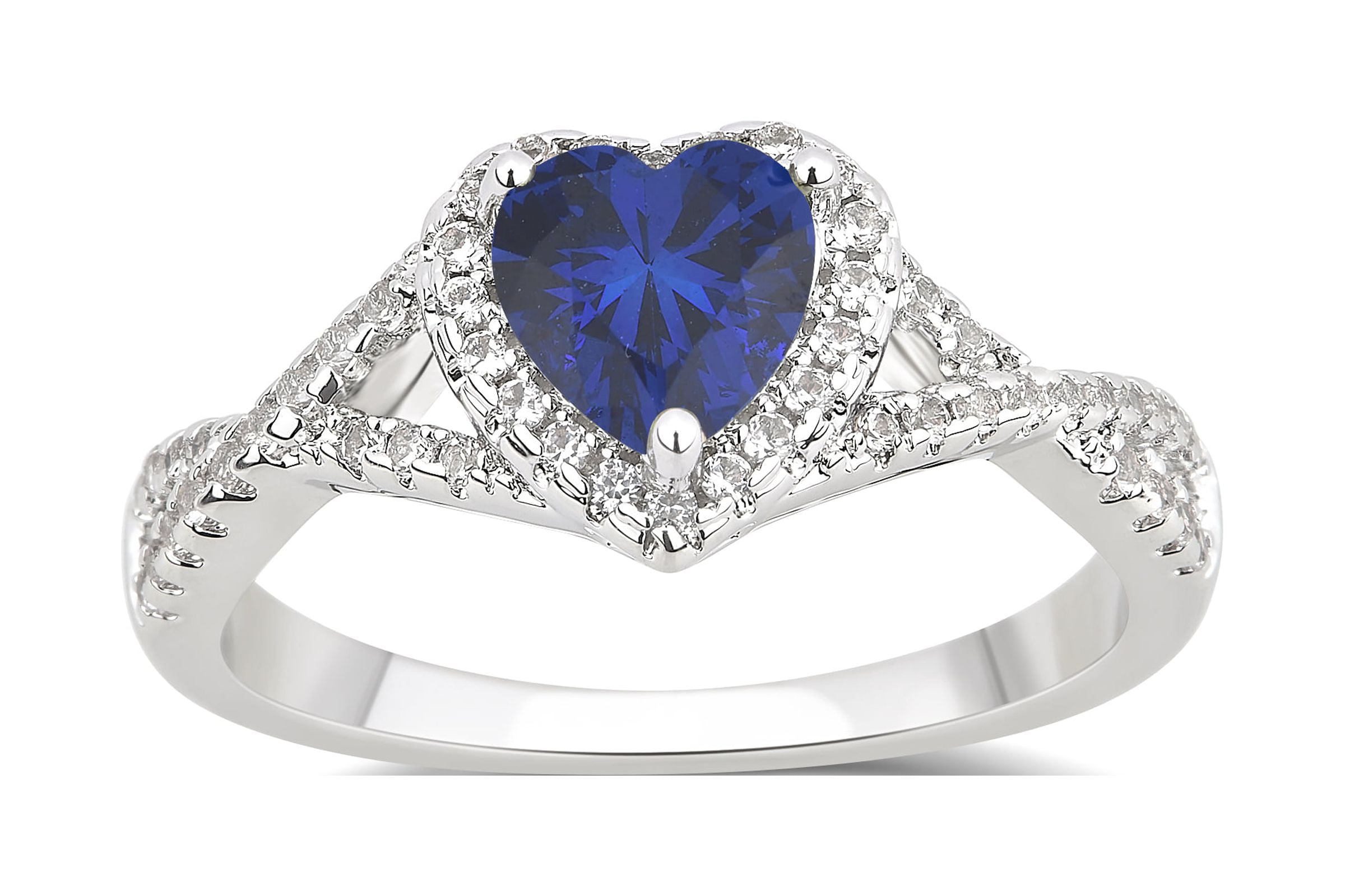 Arista Created Blue Sapphire and White Sapphire Fashion Heart Engagement Ring in Silver Overlay