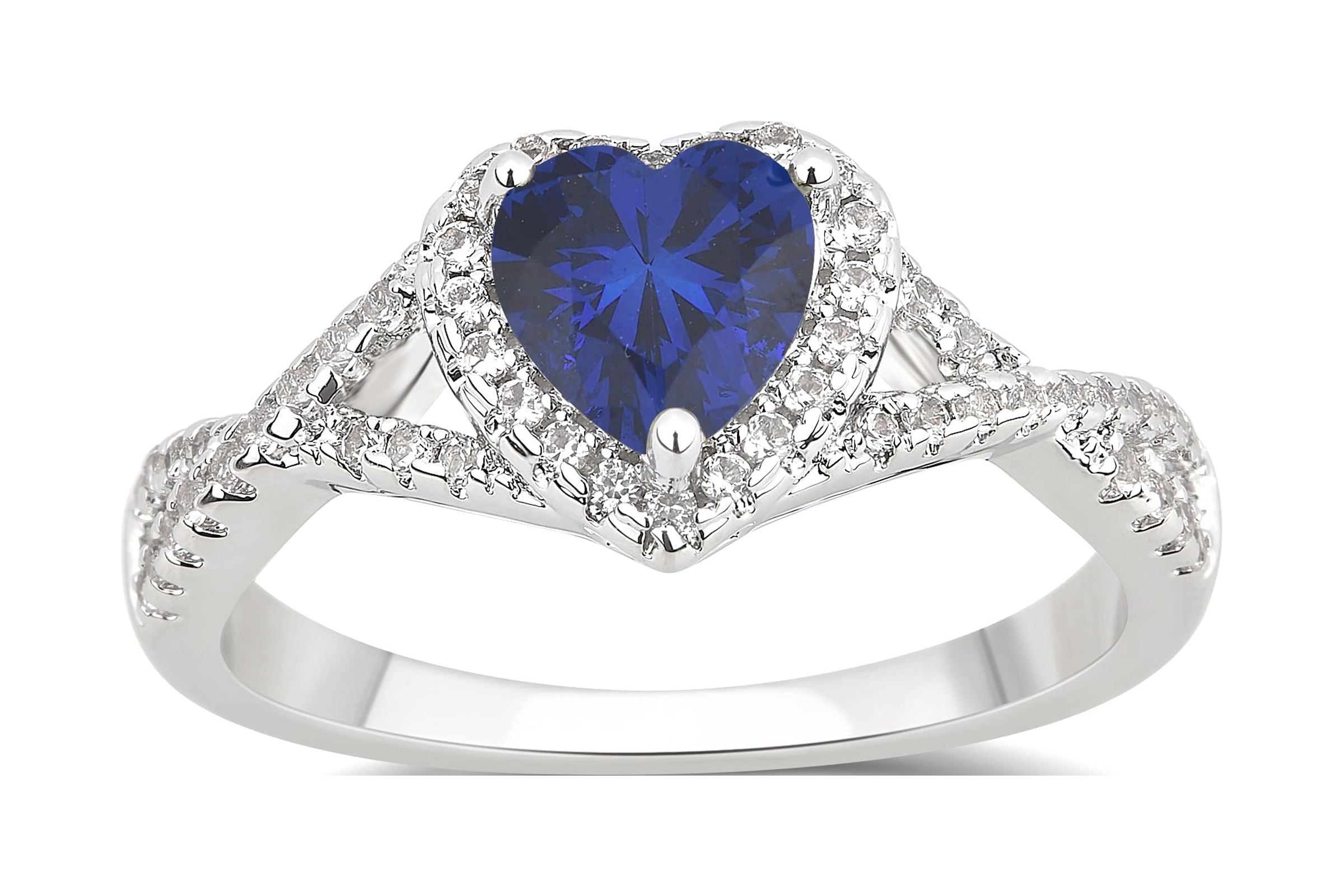Arista Created Blue Sapphire and White Sapphire Fashion Heart Engagement Ring in Silver Overlay