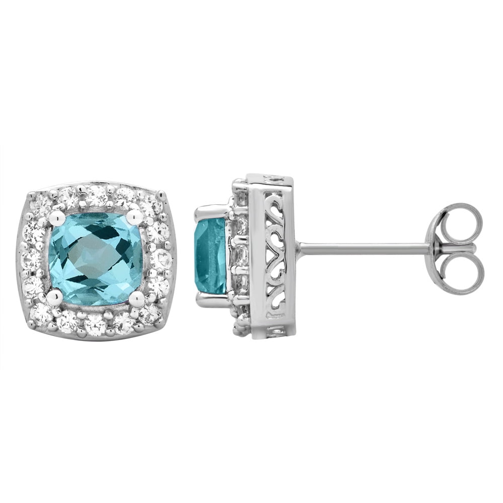 Arista Created Blue Topaz and White Sapphire Women's Halo Stud Earrings in Sterling Silver