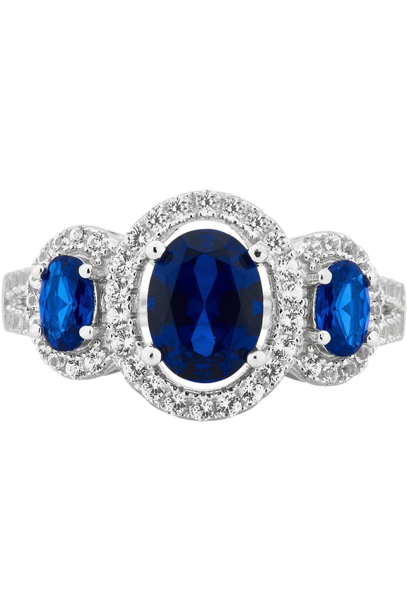 Created Blue and White Sapphire Gemstone Three Stone Women's Engagement Ring in Sterling Silver