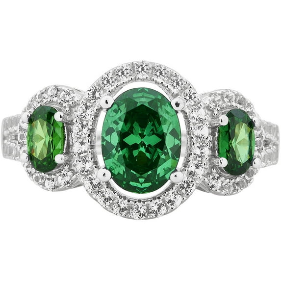 Arista Created Emerald and White Sapphire Gemstone Women's Three Stone Oval Frame Ring in Sterling Silver
