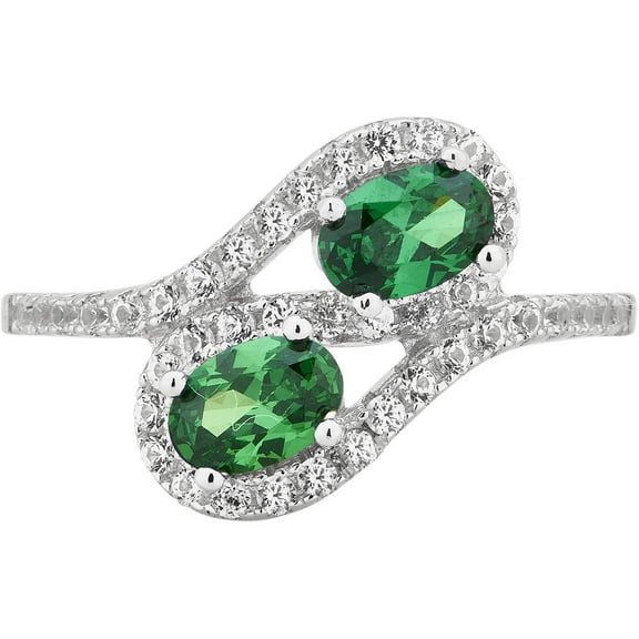 Arista Created Emerald and White Sapphire Gemstone Women's Two Stone Ring in Sterling Silver
