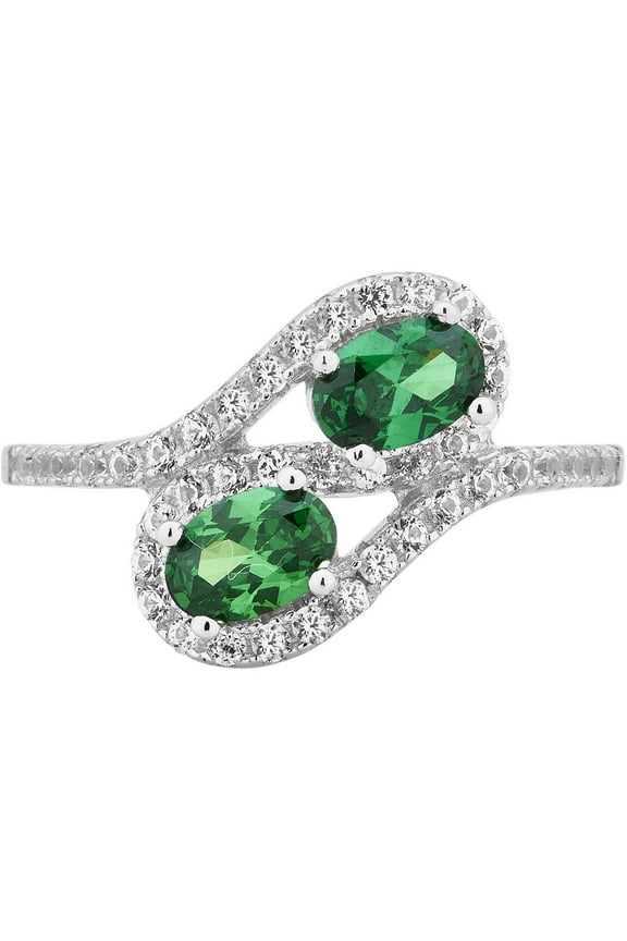 Created Emerald and White Sapphire Gemstone Women's Two Stone Ring in Sterling Silver