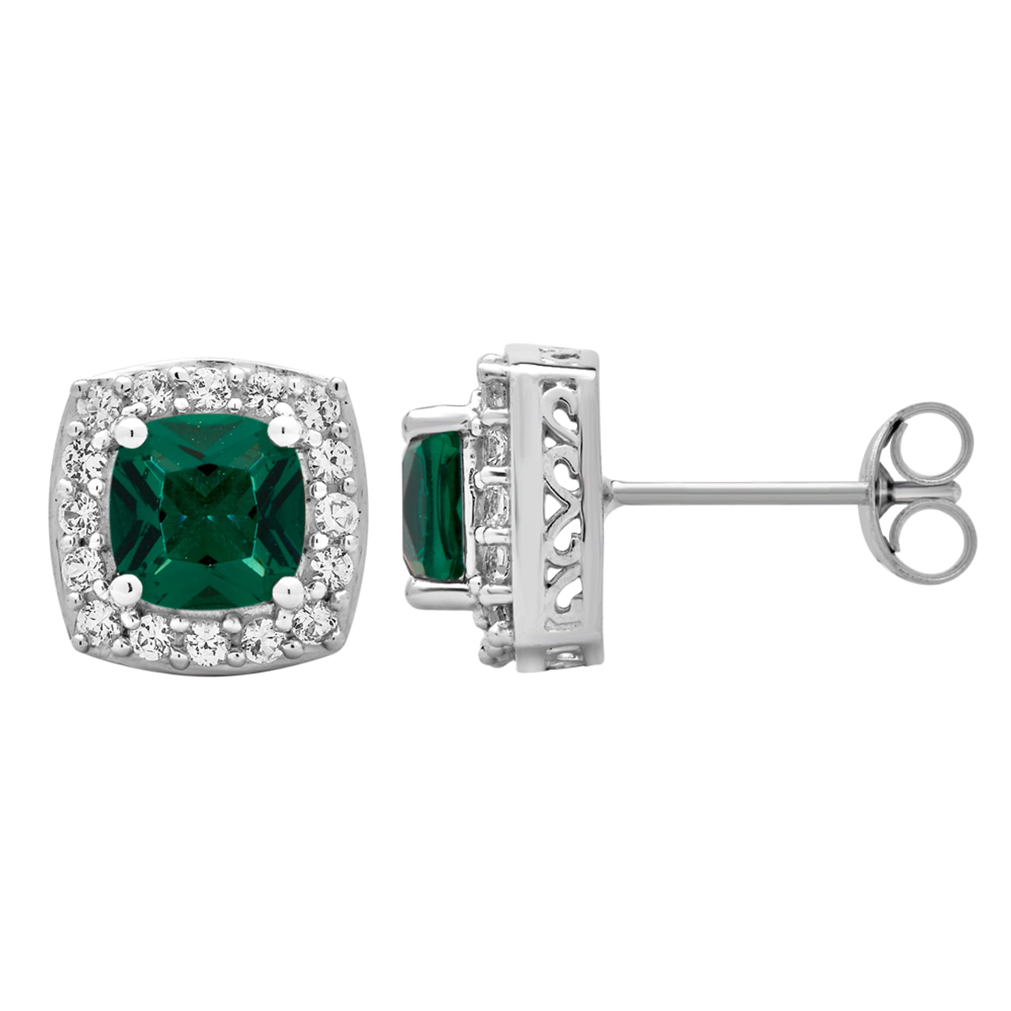 Arista Created Emerald and White Sapphire Women's Halo Stud Earrings in Sterling Silver