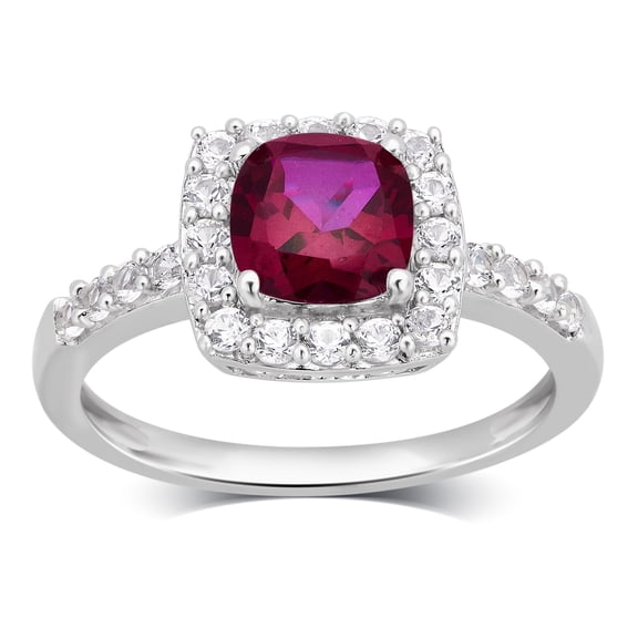 Arista Created Ruby and Created White Sapphire Halo Women's Engagement Ring in Sterling Silver