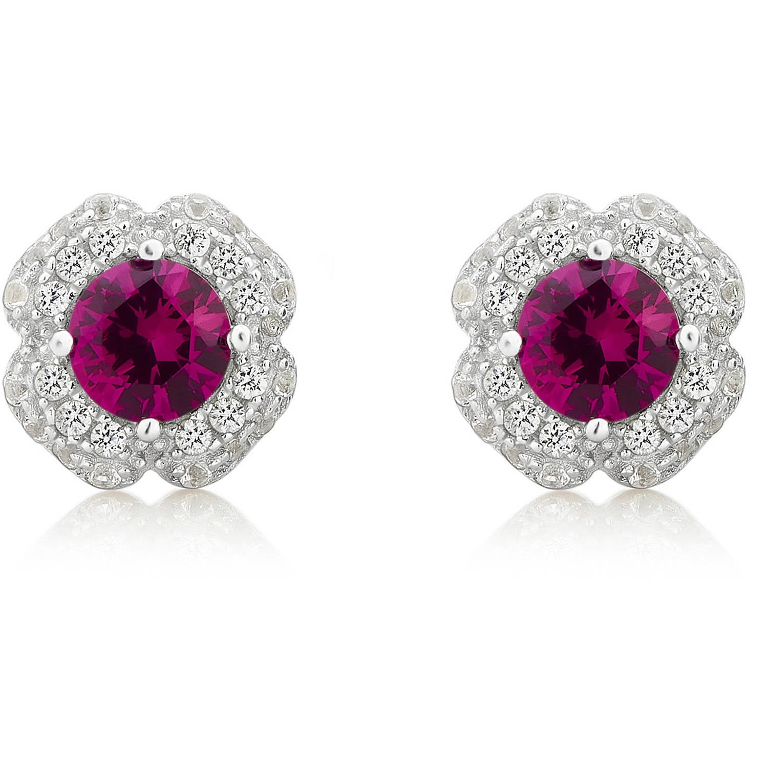 Arista Created Ruby and White Sapphire Gemstone White Flower Frame Women's Stud Earring in Sterling Silver
