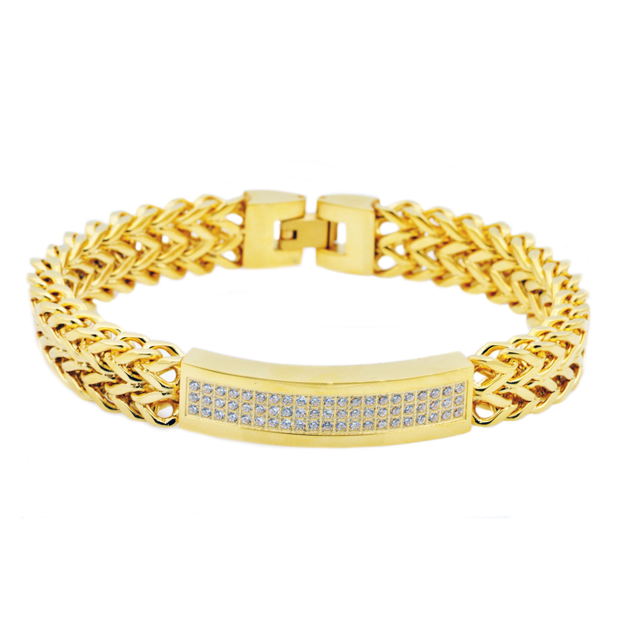 Arista Cubic Zirconia Diamond Men's Bracelet in Gold Plated Stainless Steel, 8.5"