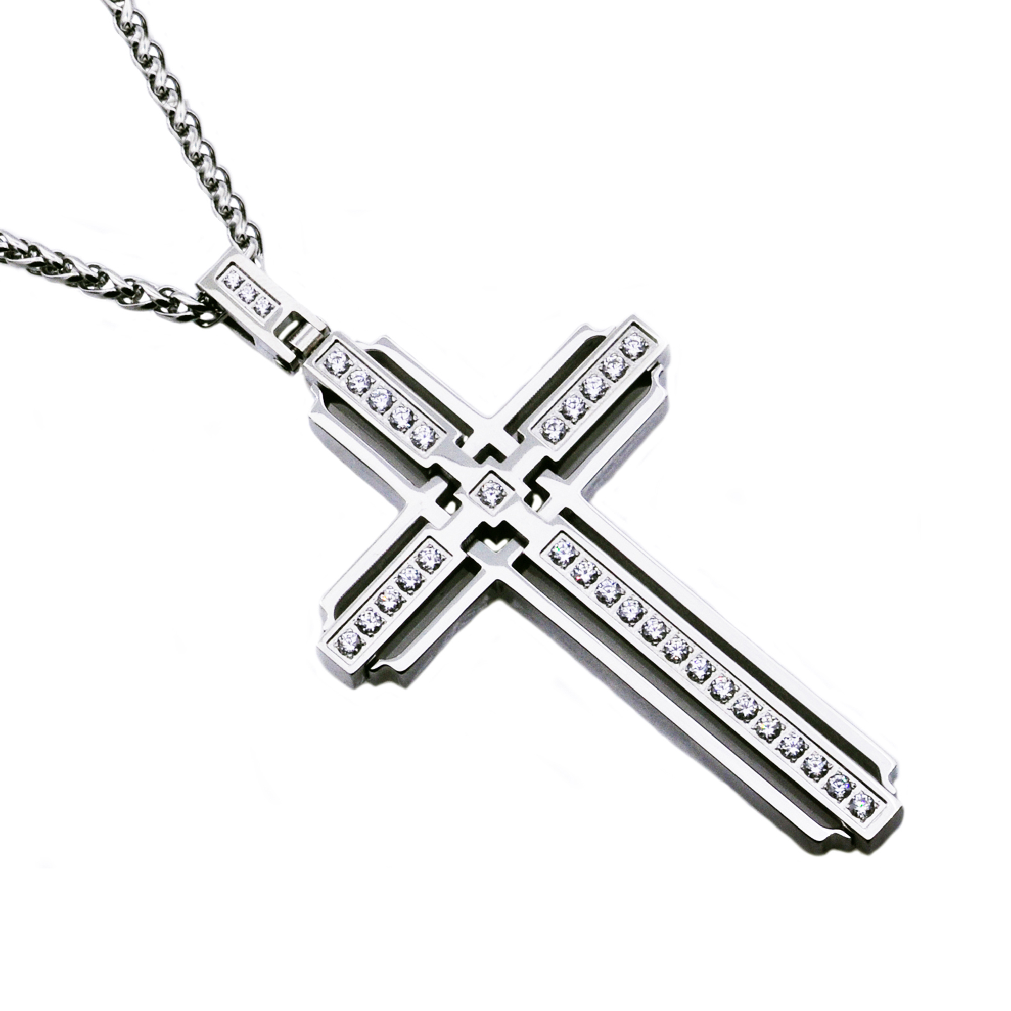 Arista Cubic Zirconia Diamonds Cross Men's Pendant by in Stainless Steel, 18"