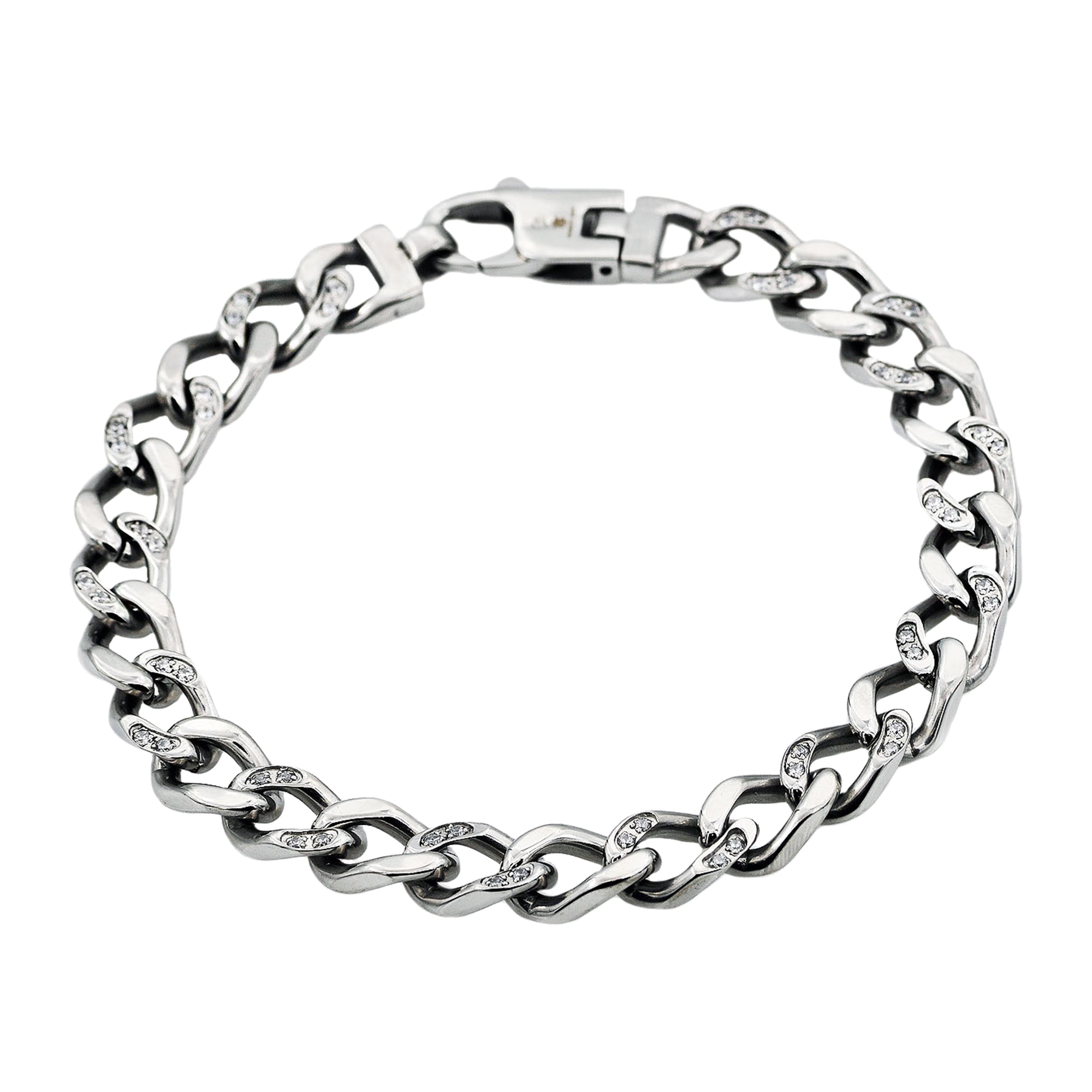 Arista Cubic Zirconia Diamonds Curb Link Chain Men's Bracelet in Stainless Steel, 8.5"
