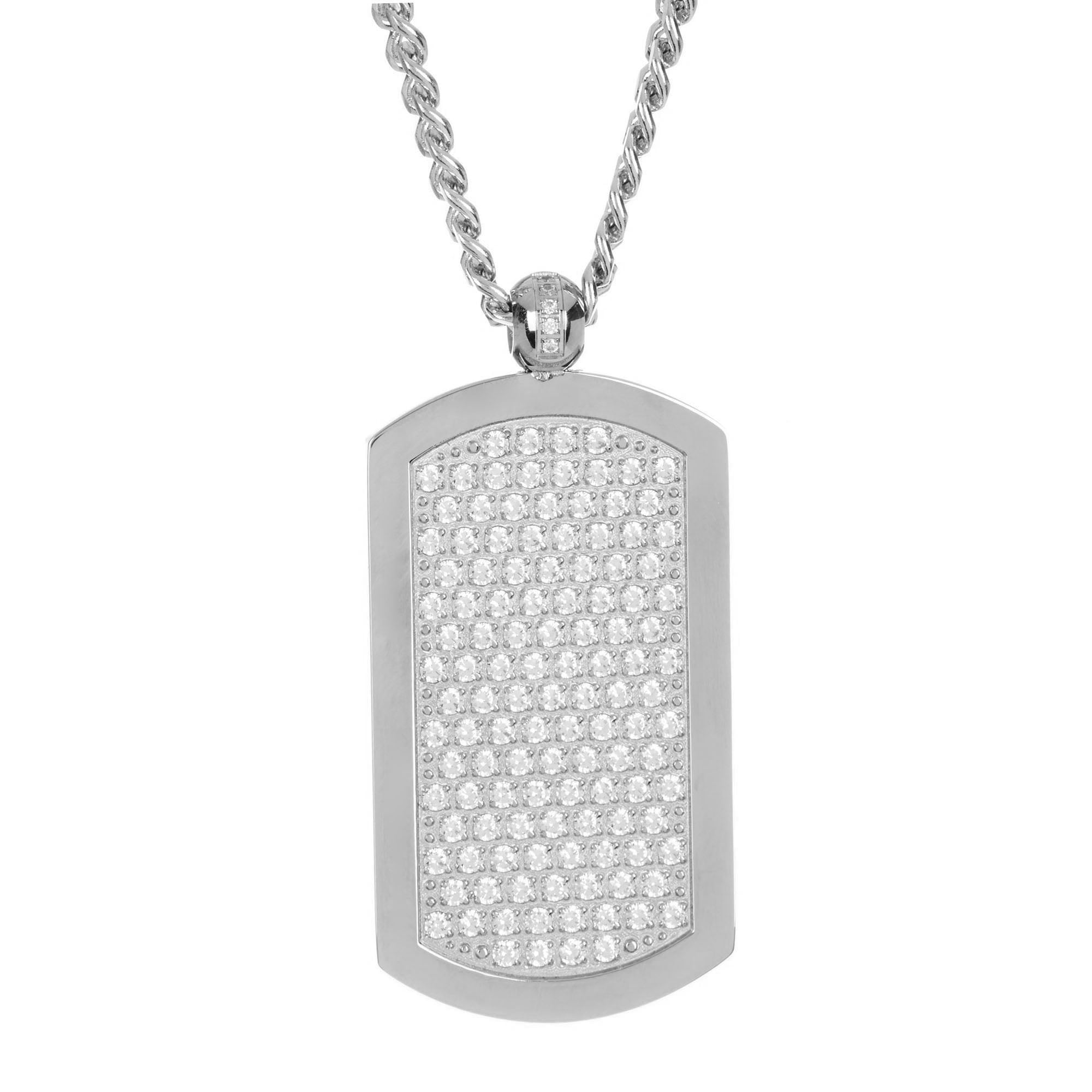 Arista Cubic Zirconia Diamonds Dog Tag Men's Pendant in Stainless Steel, 24"