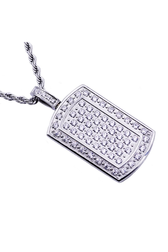 Cubic Zirconia Diamonds Dog Tag Men's Pendant in Stainless Steel, 24"