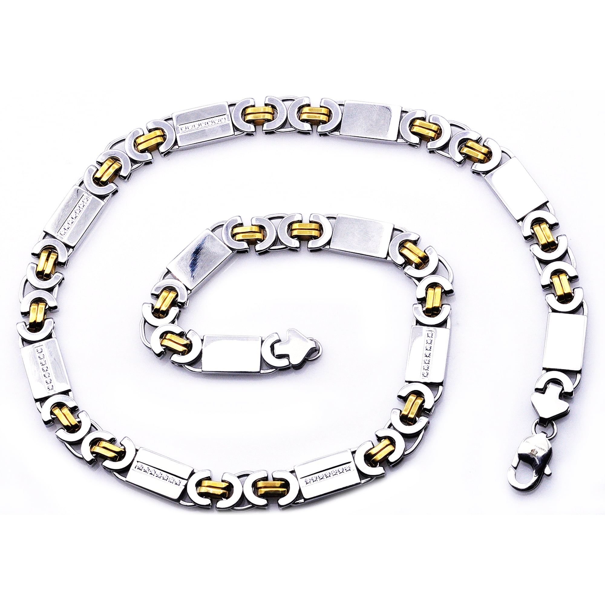 Arista Cubic Zirconia Diamonds Flat Byzantine Link Chain Men's Necklace in Gold Plated Stainless Steel, 24"