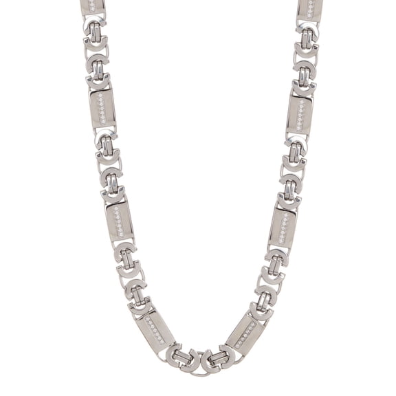 Arista Cubic Zirconia Diamonds Flat Byzantine Link Chain Men's Necklace in Stainless Steel, 24"
