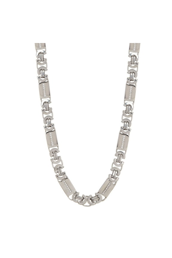 Cubic Zirconia Diamonds Flat Byzantine Link Chain Men's Necklace in Stainless Steel, 24"