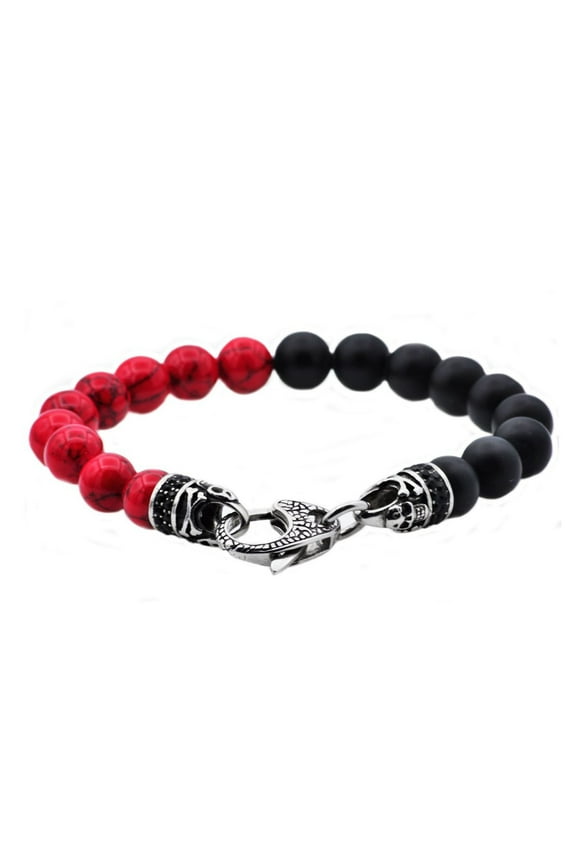 Cubic Zirconia Diamonds Genuine Onyx And Red Fossil Stone Beaded Men's Bracelet in Stainless Steel, 8.5"