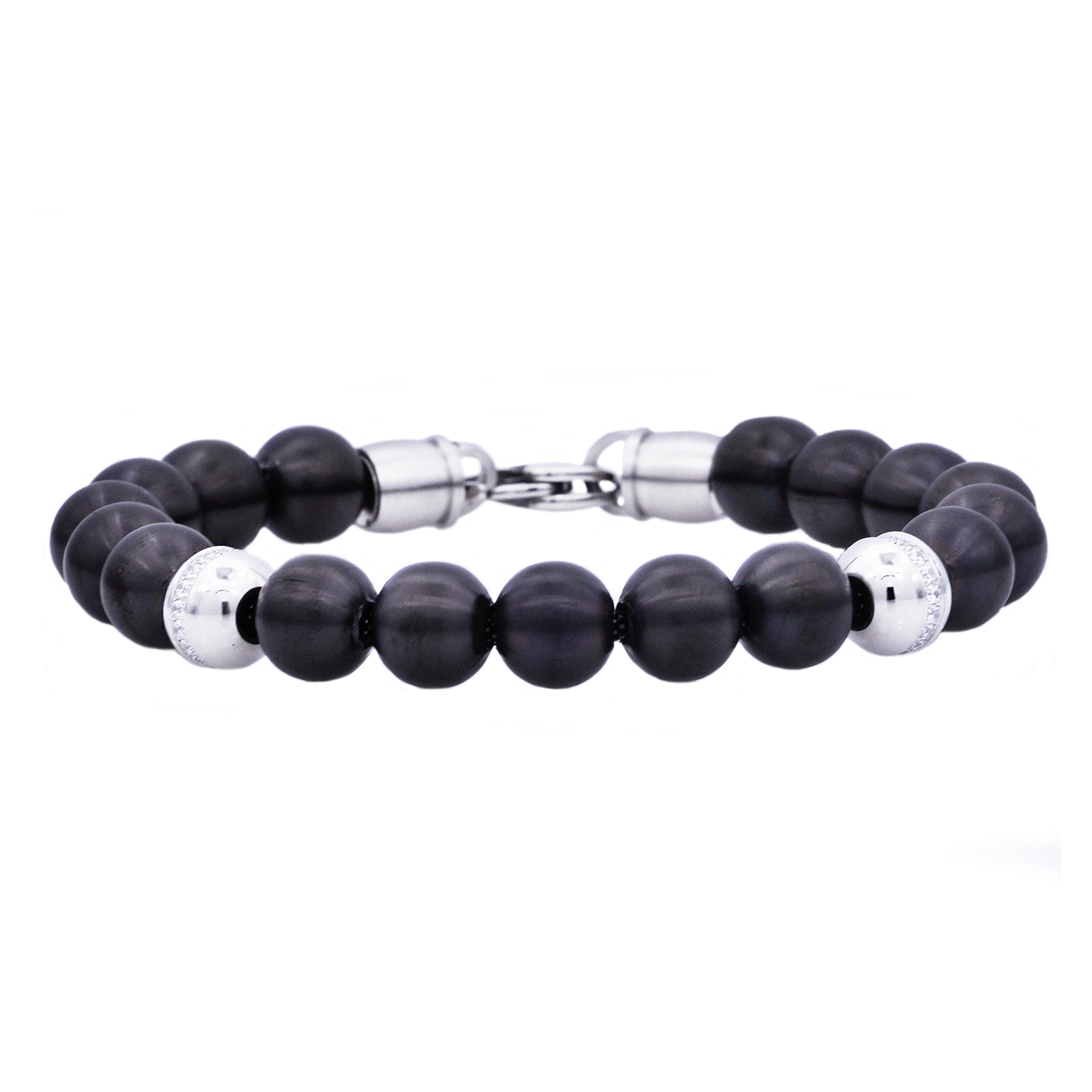 Arista Cubic Zirconia Diamonds Men's Beaded Bracelet in Black Plated Stainless Steel, 8.5"