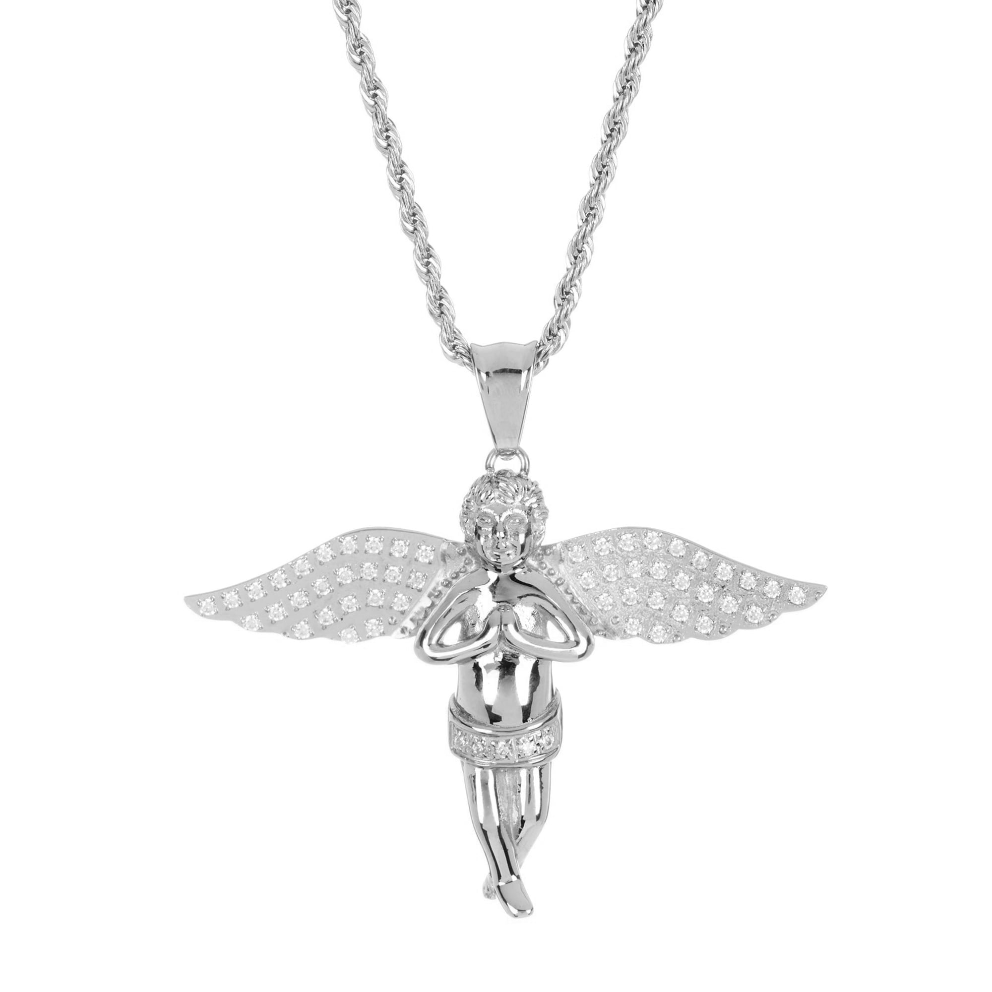 Arista Cubic Zirconia Diamonds Men's Cherub Pendant in Stainless Steel, 24"
