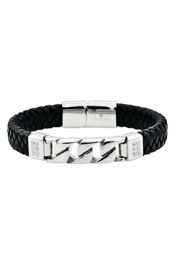 Cubic Zirconia Diamonds Men's Imitation Curb Link Bracelet in Black Leather And Stainless Steel, 8"