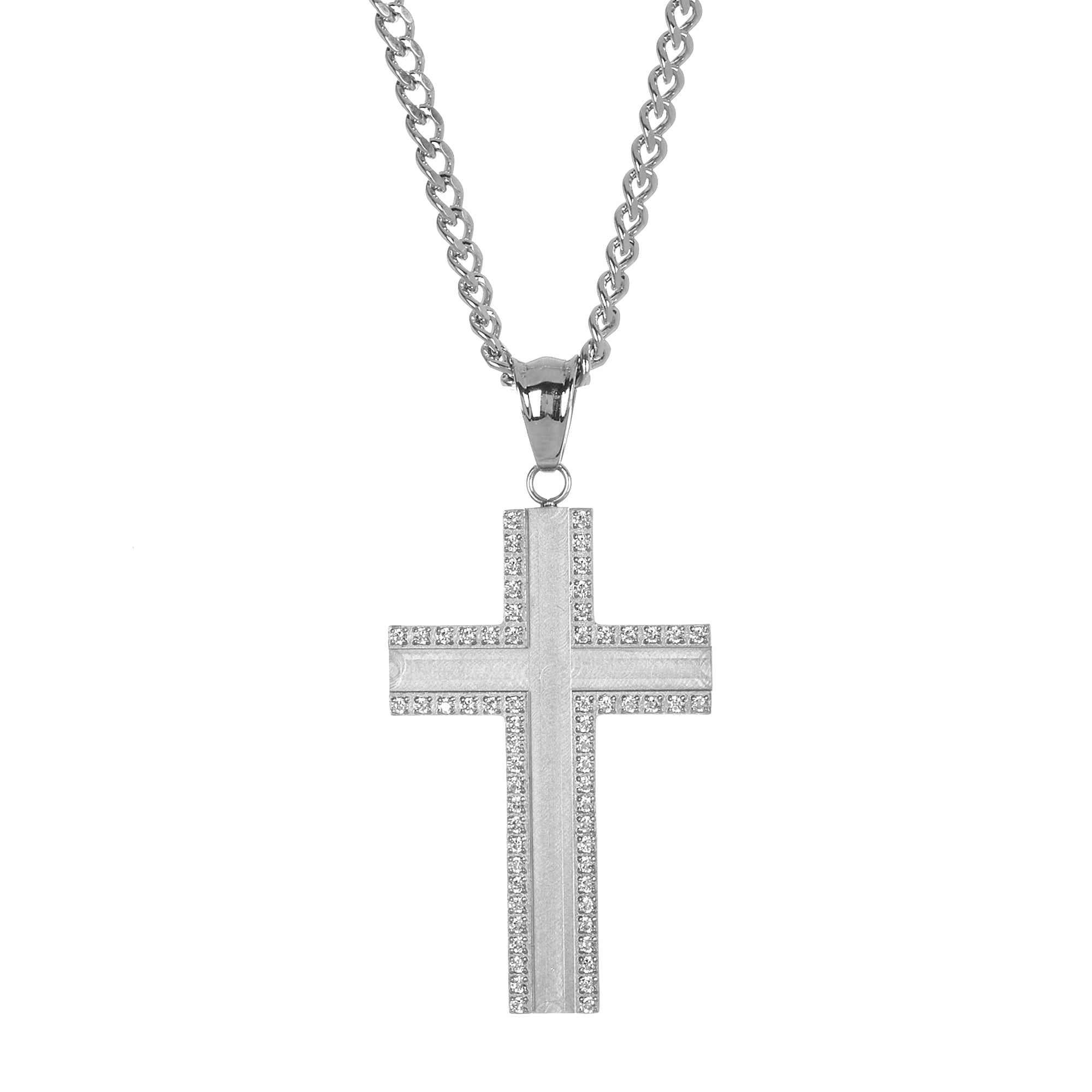 Arista Cubic Zirconia Men's Cross Pendant in Stainless Steel, 24"