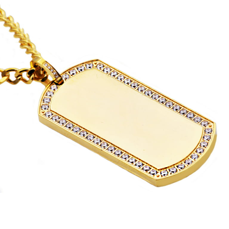 Arista Cubic Zirconia Men's Dog Tag Pendant in Gold Plated Stainless Steel,  24 
