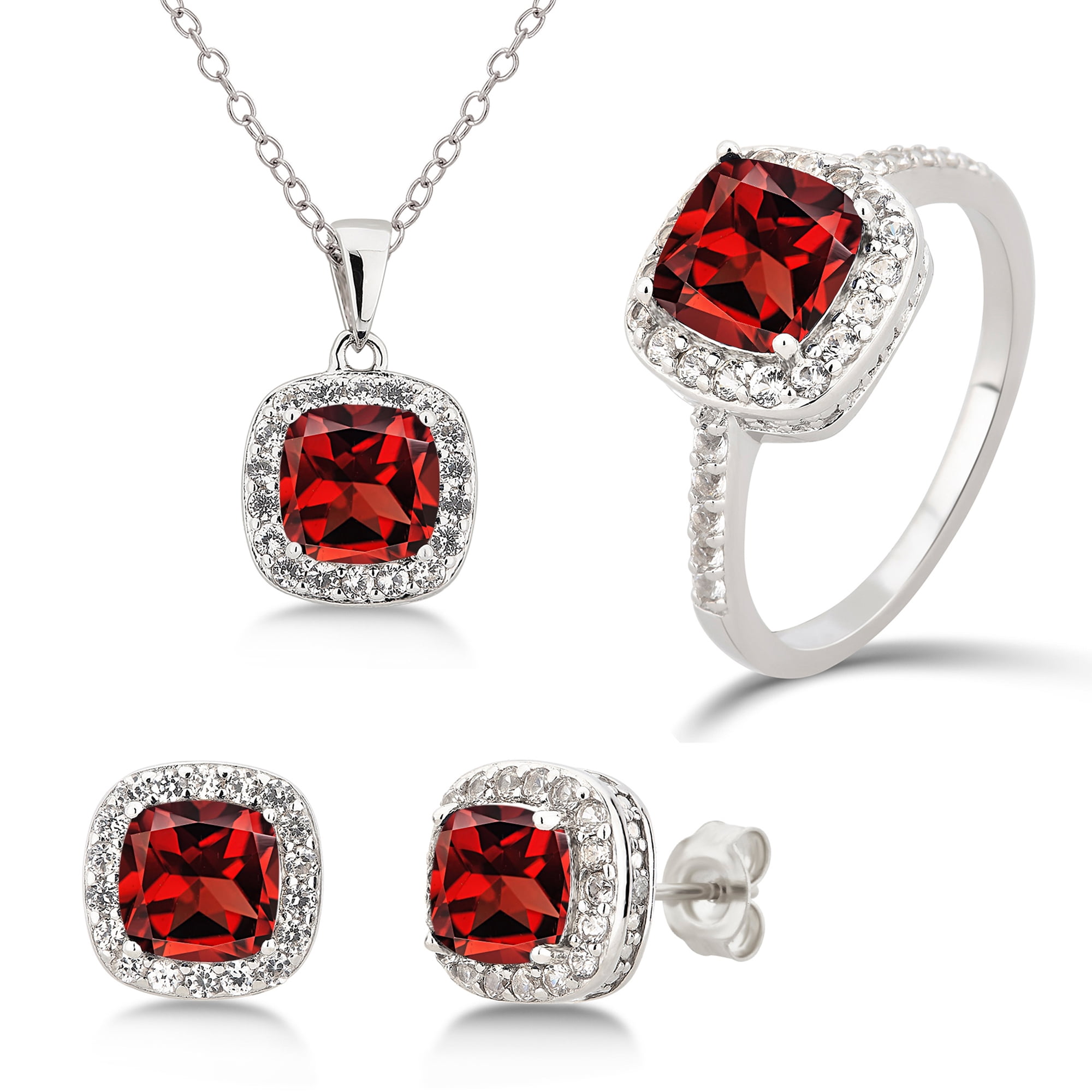 Arista Diamond Accent, Created Garnet & White Sapphire 3 Pcs Jewelry Set in Sterling Silver, 18"