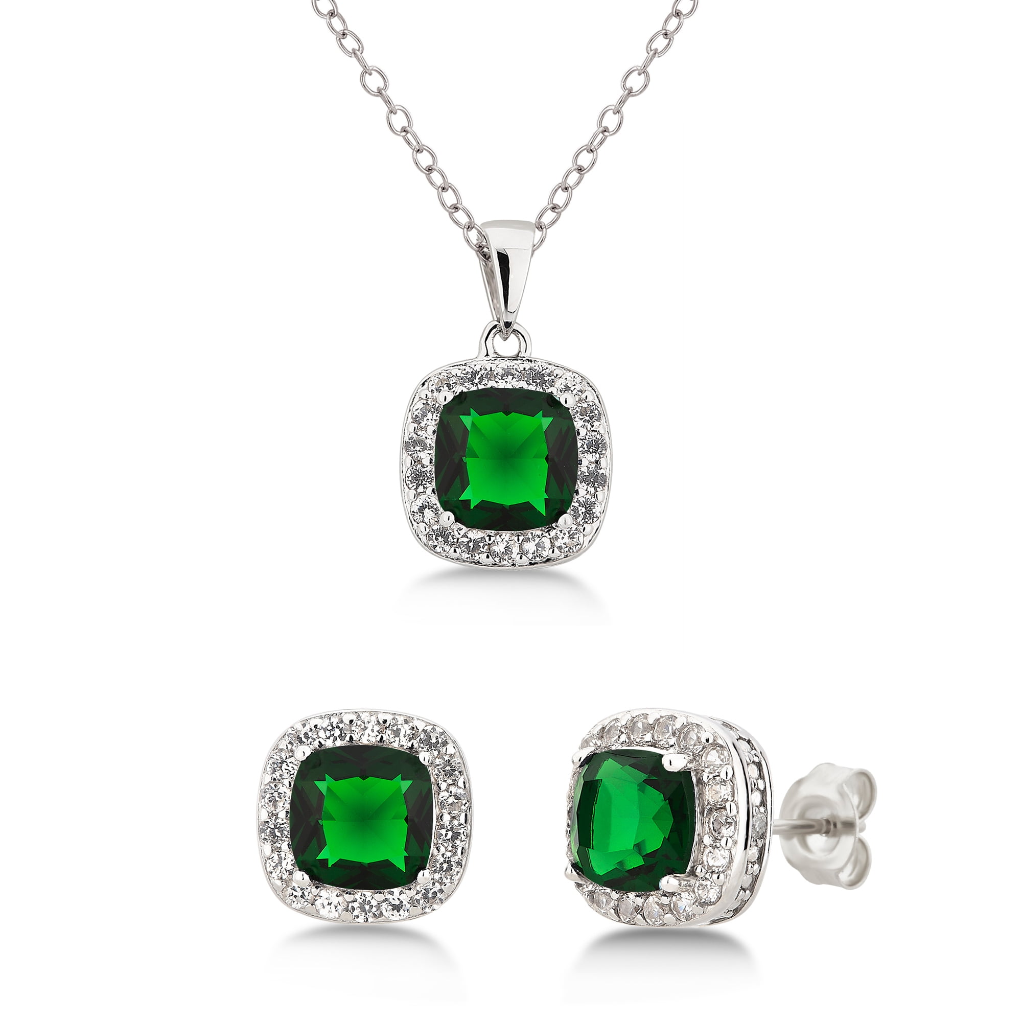Arista Diamond Accent, Green Emerald & White Sapphire Women's Ring, Earring & Pendant Set in Sterling Silver, 18"