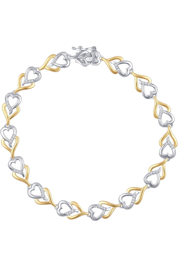 Diamond Accent Two Tone Brass Double Heart Bracelet 7.5"